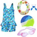 Premium Girls Swimming Kit with Swimming Costume Swimming Goggles Swim Ring Swimming Cap Ear Plug and Nose Plug