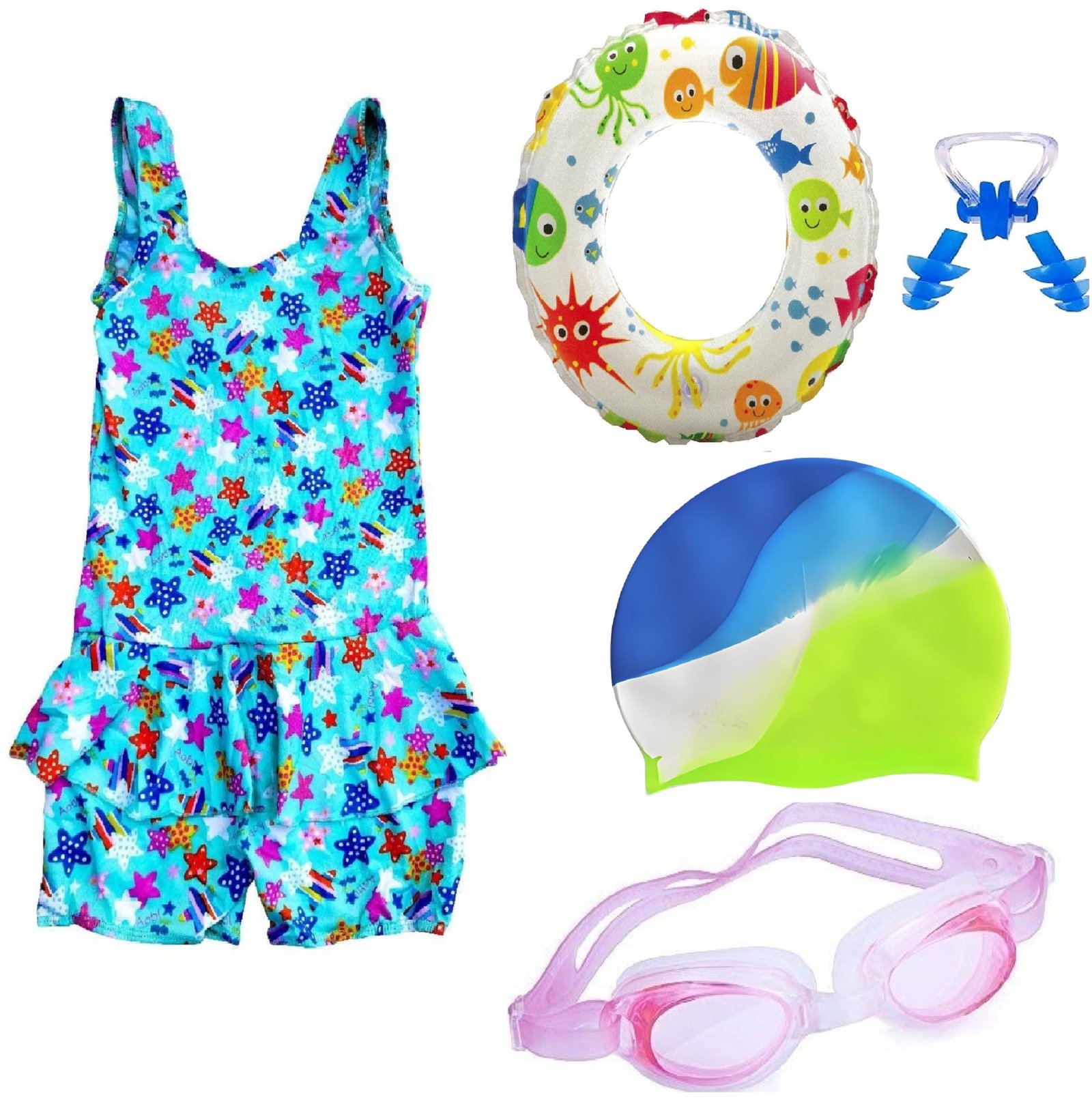 Premium Girls Swimming Kit with Swimming Costume Swimming Goggles Swim Ring Swimming Cap Ear Plug and Nose Plug