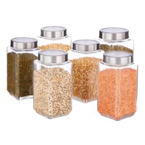 VENCY glass container for kitchen storage Set of 6 (1000ml each) Square Transparent Containers with Airtight Steel Lids for Kitchen Pantry – Stackable Organizer for Snacks, Masala, Pickles, Dry Fruits