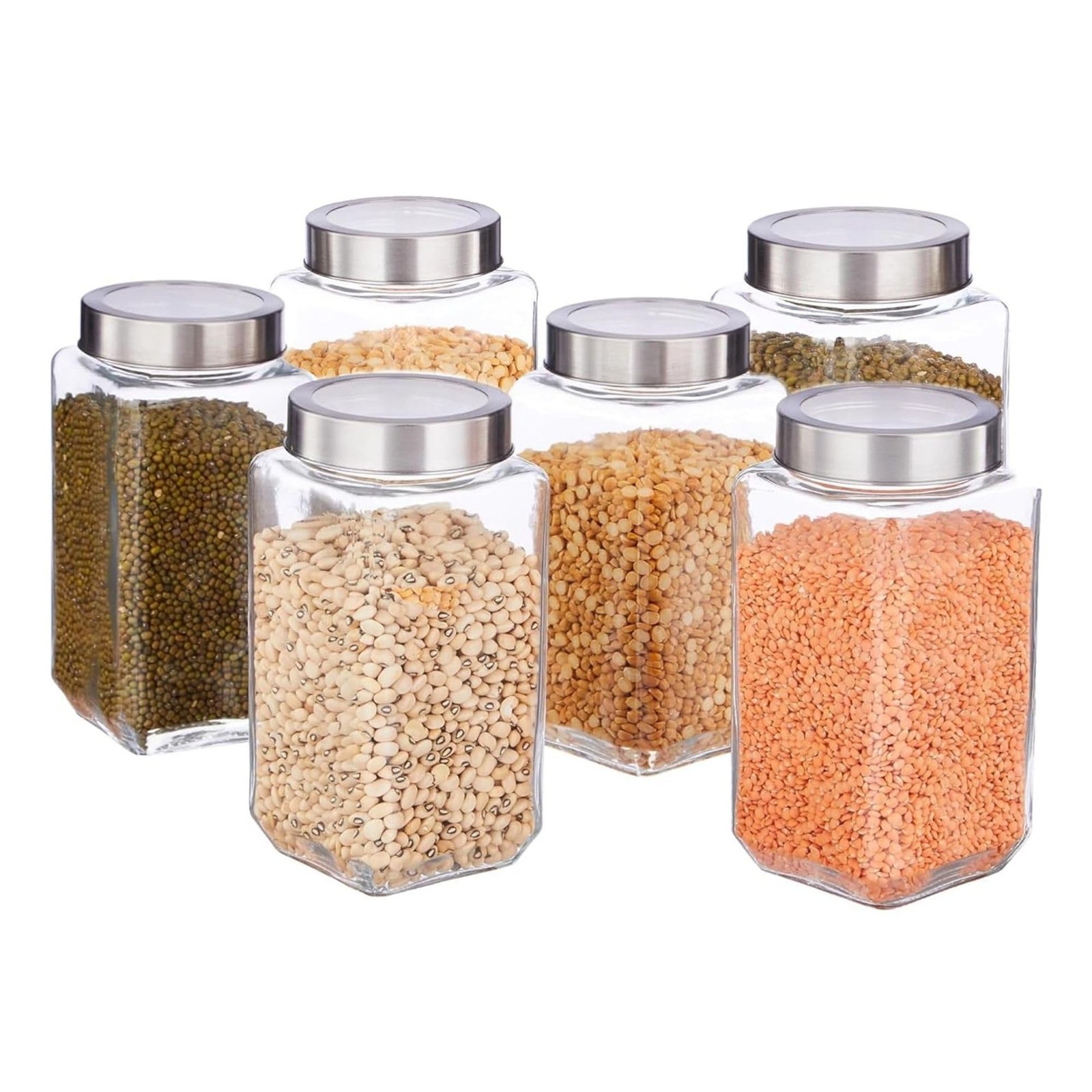 VENCY glass container for kitchen storage Set of 6 (1000ml each) Square Transparent Containers with Airtight Steel Lids for Kitchen Pantry – Stackable Organizer for Snacks, Masala, Pickles, Dry Fruits