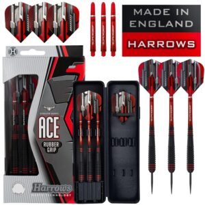 Harrows Ace Rubber Brass Steel Tip Darts Set Available in 20g, 22g, 24g & 26g – Includes Supergrip Shafts, Micron Marathon Flights & Convenient Travel Case (22g)