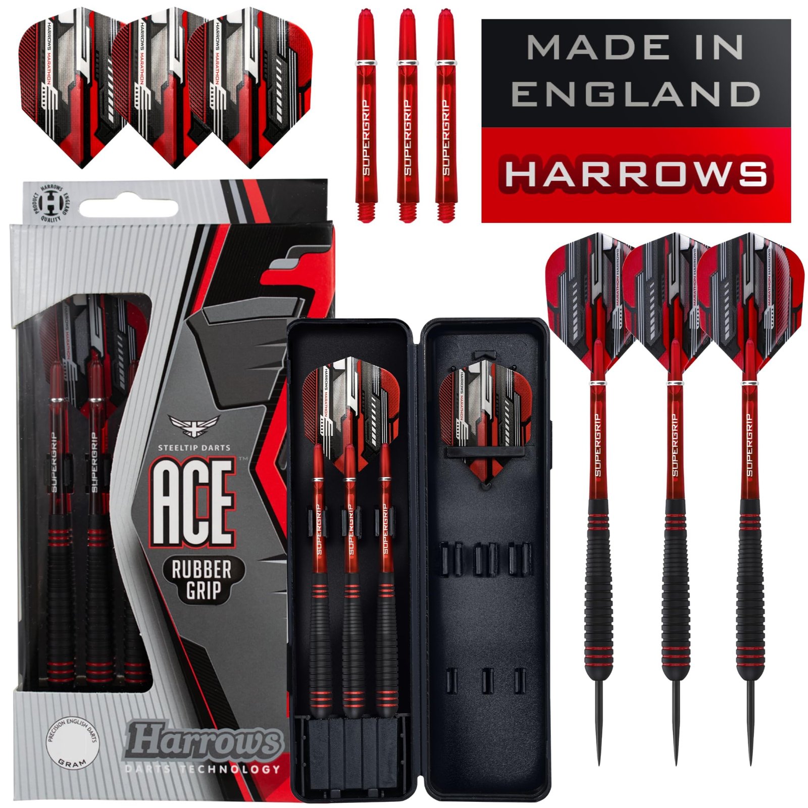 Harrows Ace Rubber Brass Steel Tip Darts Set Available in 20g, 22g, 24g & 26g – Includes Supergrip Shafts, Micron Marathon Flights & Convenient Travel Case (22g)