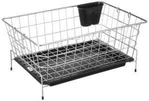 Amazon Brand – Solimo Stainless Steel Dish Drainer with Drain Tray + Cutlery Stand | for Kitchen Utensils | Drying Rack Stand | 55.7D x 37.5W x 24.5H Cm | Silver & Black