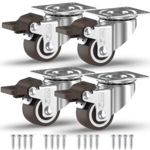 GBL 1″ inch Small Caster Wheels with 4 Brakes + Screws – 90Lbs – Low Profile Castor Wheels with Brakes – Set of 4 No Floor Marks Silent Casters – Mini Wheels for Cart
