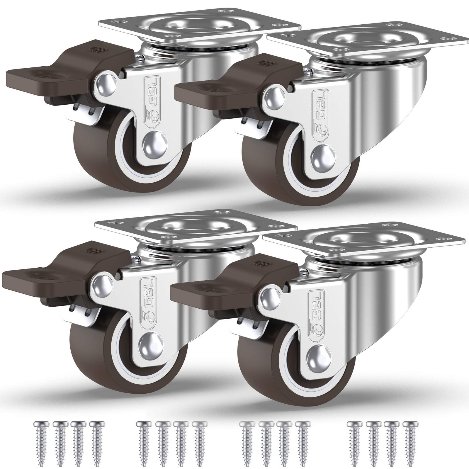 GBL 1″ inch Small Caster Wheels with 4 Brakes + Screws – 90Lbs – Low Profile Castor Wheels with Brakes – Set of 4 No Floor Marks Silent Casters – Mini Wheels for Cart