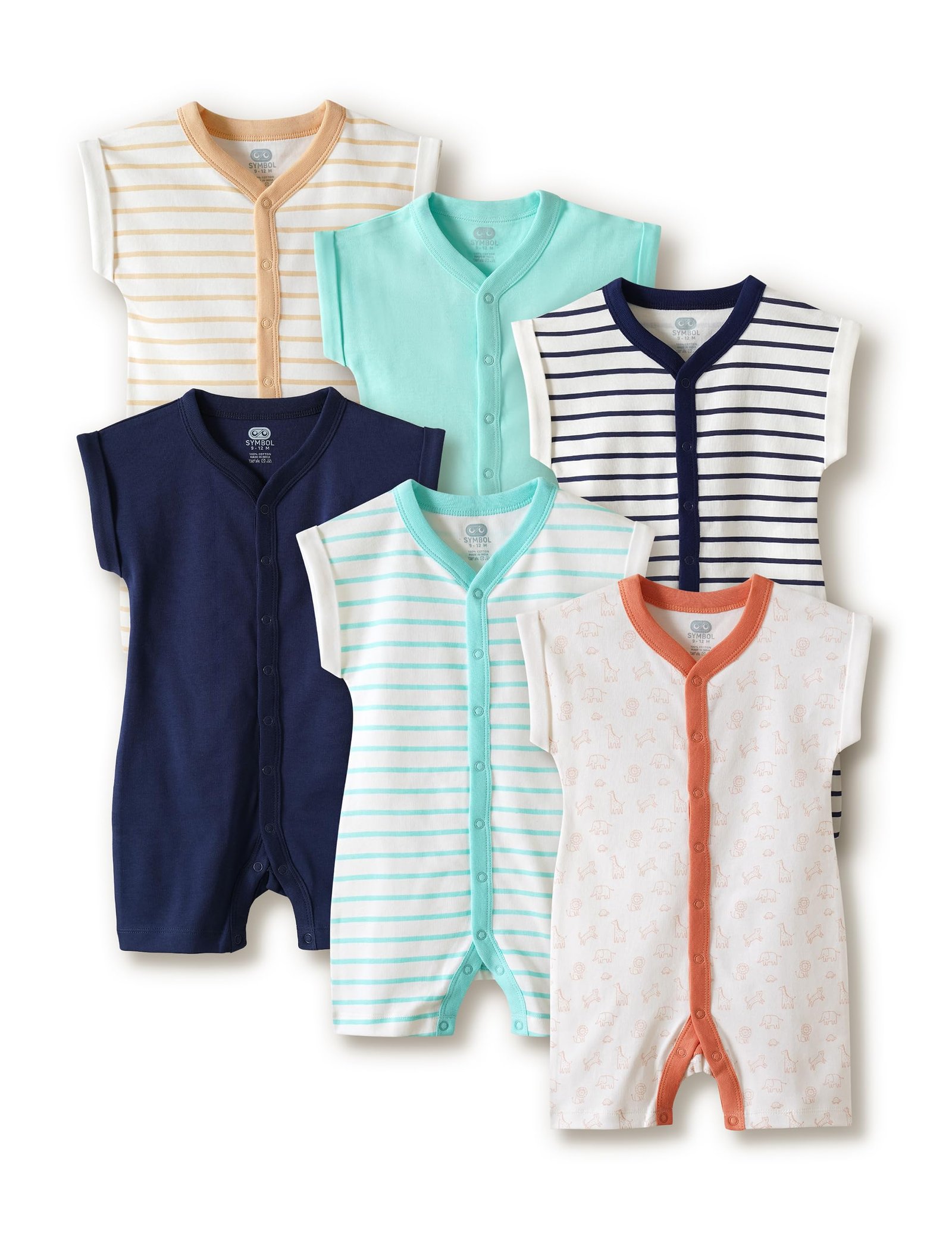 Amazon Brand – Symbol Unisex 100% Cotton Half Sleeve Baby Rompers (Available in Pack of 3 & 6)