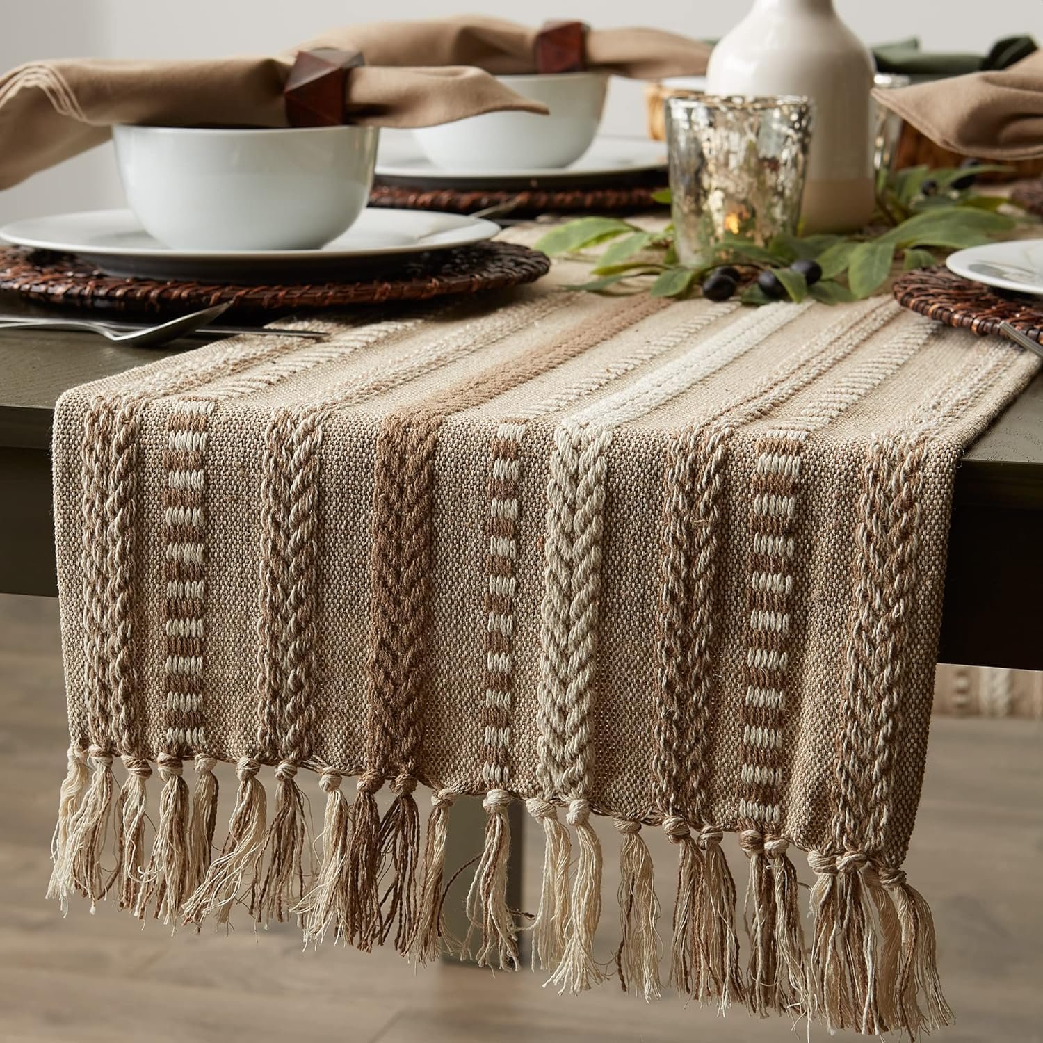 THE HOME TALK Premium Cotton 4-6 Seater Table Runner-14×72 Inches -Beige |Elegant Dining|Handcrafted Quality|Stylish Console Décor for Dining Table, Parties, Events|Decorative Tablemats