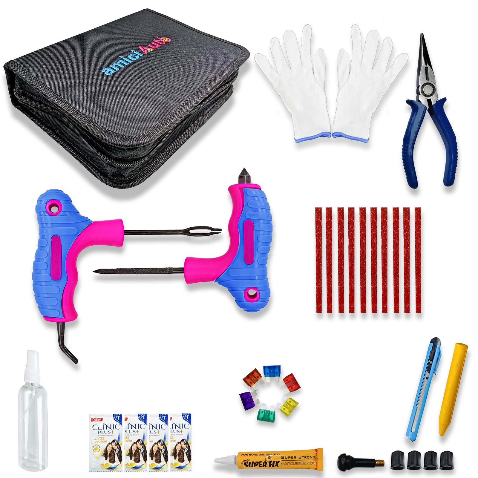 amiciAuto Universal Tubeless Tyre Puncture Repair Kit with 2 in 1 Reamer Tool for Tubeless Tyre with Premium Storage Bag for Car, Bike, SUV, & Motorcycle