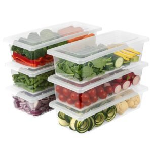 VOLTURI Fridge Storage Containers (Pack of 6), Fridge Organiser Storage Boxes with Removable Drain Plate, Fridge Organizer, Fridge Storage Box Kitchen Containers Keep Fruits Vegetables Fresher 1500 ML