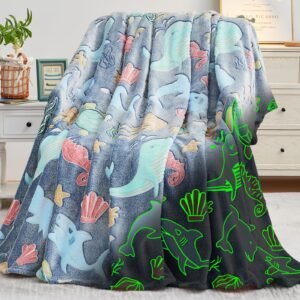 Inhand Shark Glow in the Dark Blanket Ocean Gifts for Boys Kids Throw Blanket Crab Turtle Coral Whale Dolphin Jellyfish Seahorse Toys for Kids Boys Birthday Christmas Cute Soft Room Decor Blue 50″X60″