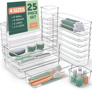 Multiple Drawer Organizer – 25 PCS Clear Plastic Drawer Organizers for Home Organization and Storage, Including 4 Sizes Small Organizer Bins, Non-Slip Pads, for Bathroom, Kitchen, Vanity & Office ETC.