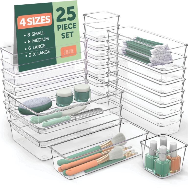 Multiple Drawer Organizer – 25 PCS Clear Plastic Drawer Organizers for Home Organization and Storage, Including 4 Sizes Small Organizer Bins, Non-Slip Pads, for Bathroom, Kitchen, Vanity & Office ETC.