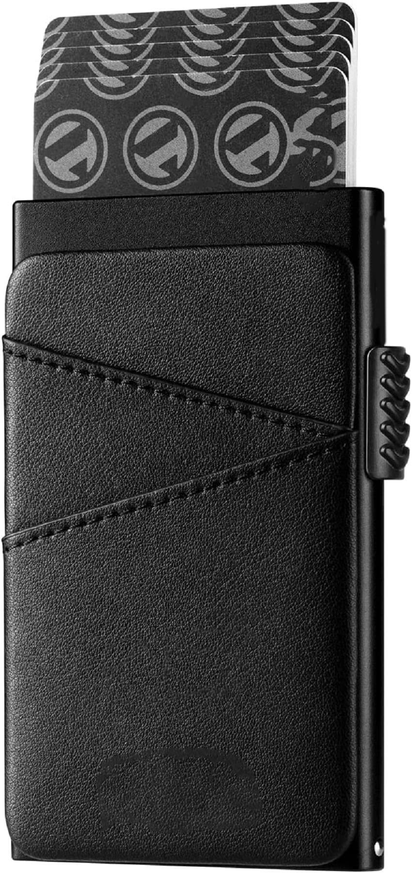 VOGARD Unisex Pop up Wallet Credit Card Holder with Extra Leather Slots RFID Blocking Slim Metal Card Case | 9 Card Slots (Black)
