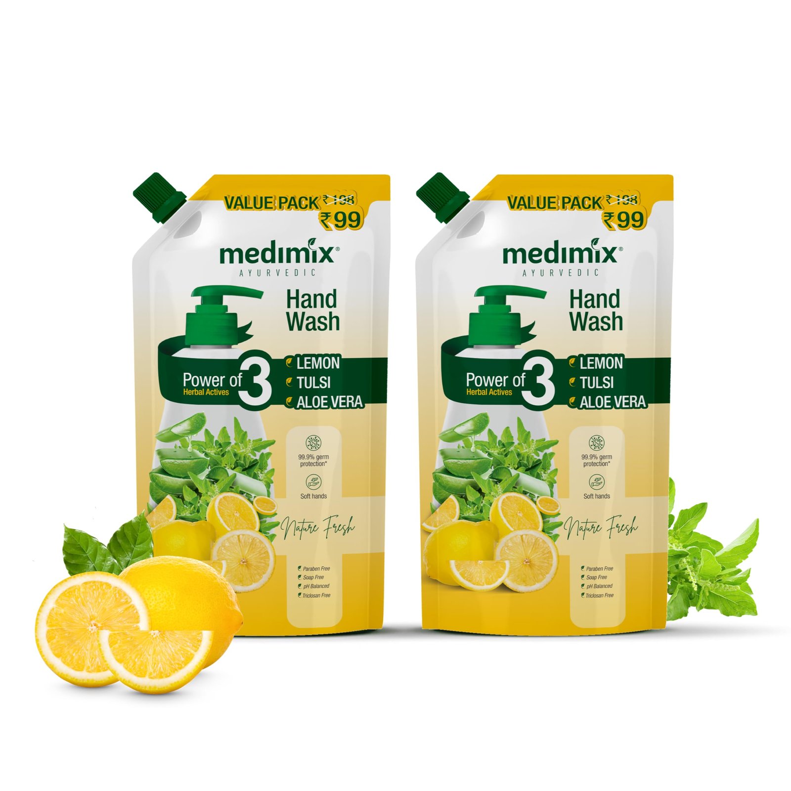 Medimix Ayurvedic Nature Fresh with Lemon, Tulsi, Aloe Vera – Hand Wash Mega Pack Refill Pouch (Pack of 2), 1350 ml