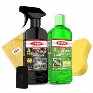 SHEEBA All in One Multipurpose Polish with Foamy Wash Shampoo for Car, Motorbike, Scooter Care with Microfiber Towel, Heavy Duty Washing Pad and Foam Applicator-500mL Combo.