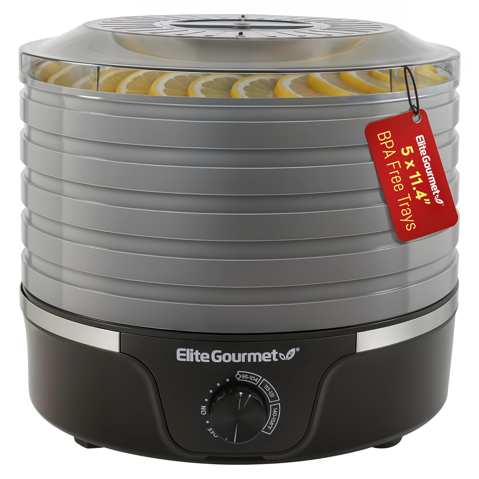 Elite Gourmet EFD319BNG Food Dehydrator, 5 11.5 Inch BPA Free Trays, Adjustable Temperature Controls, Silk, Herbs, Fruits, Vegetables, Dry Snacks, Black and Gray