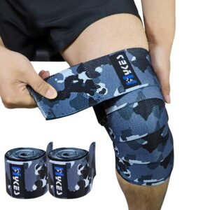 Hykes Orthopedic Weight Lifting Knee Wraps Heavy Duty Elastic Compression Support – 1 Pair (Camouflage Blue, Nylon & Spandex)