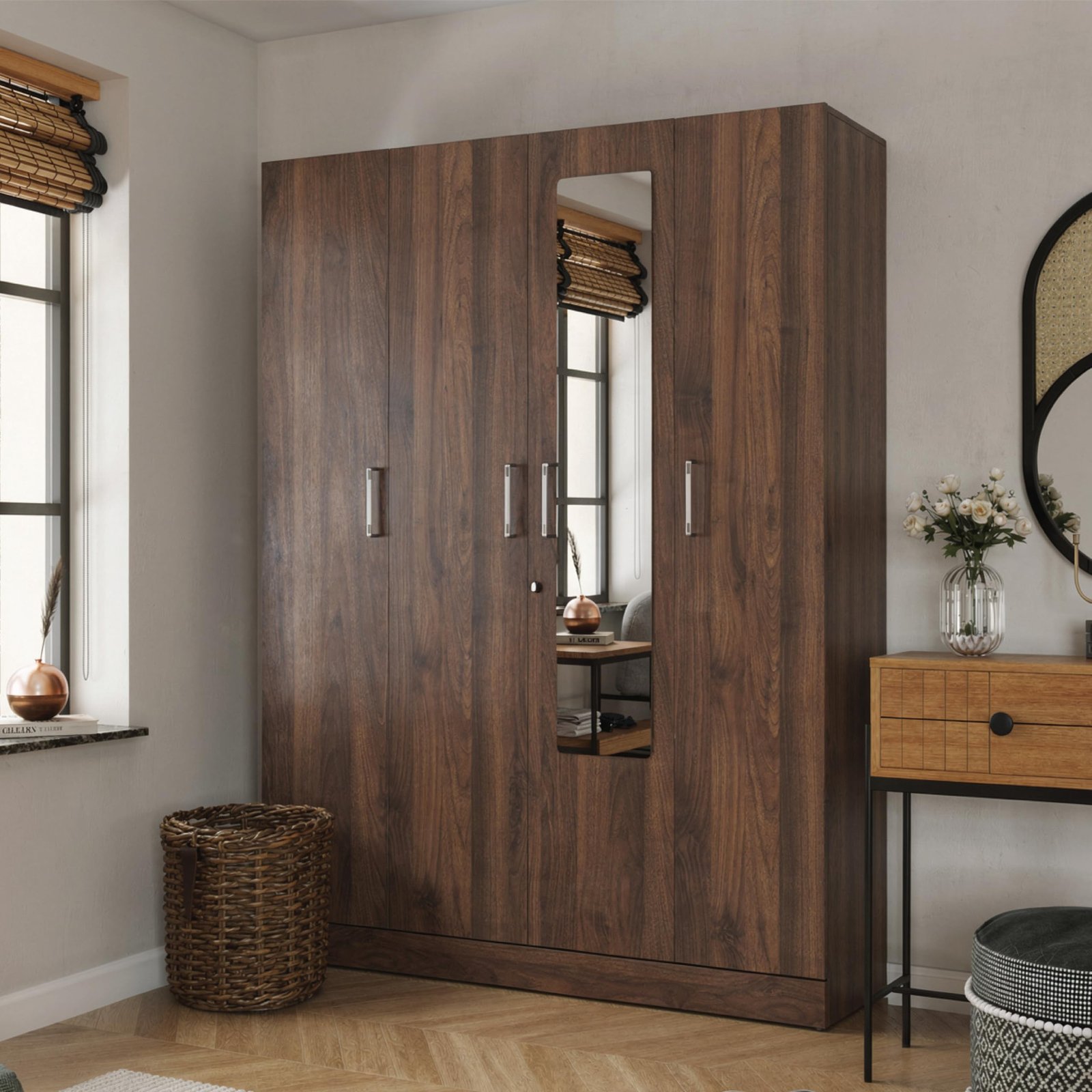 Wakefit Wardrobe for Bedroom | 1 Yr Warranty | Cupboard for Bedroom, Almirah, Wooden Wardrobe, Multi-Shelves with Mirror, Drawer & Hanger, Density:680–750 kg/m³, Free Installation (Gingham – CW)