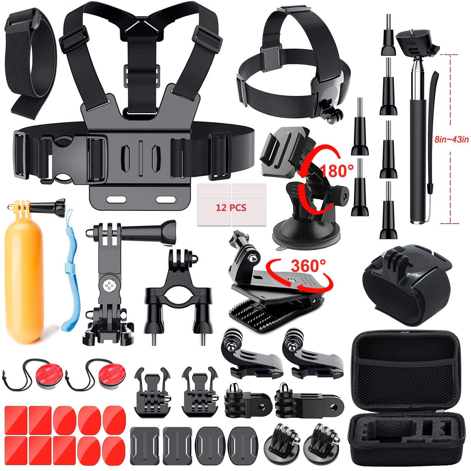ADOFYS Action Camera Accessories Kit 49-in-1 | Universal Bundle for GoPro Hero 13/12/11/10/9/8/7/6/5, SJCAM, Insta 360, DJI & Xiaomi Yi | Mounts, Straps, Case & Camera Accessories for Photography