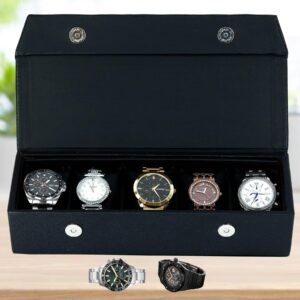 Hard Craft Watch Organizer Holder Jewelry Accessories Display Storage Case Watch Organiser Collection Box 5 Slots In PU Leather For Men Women Rust Color