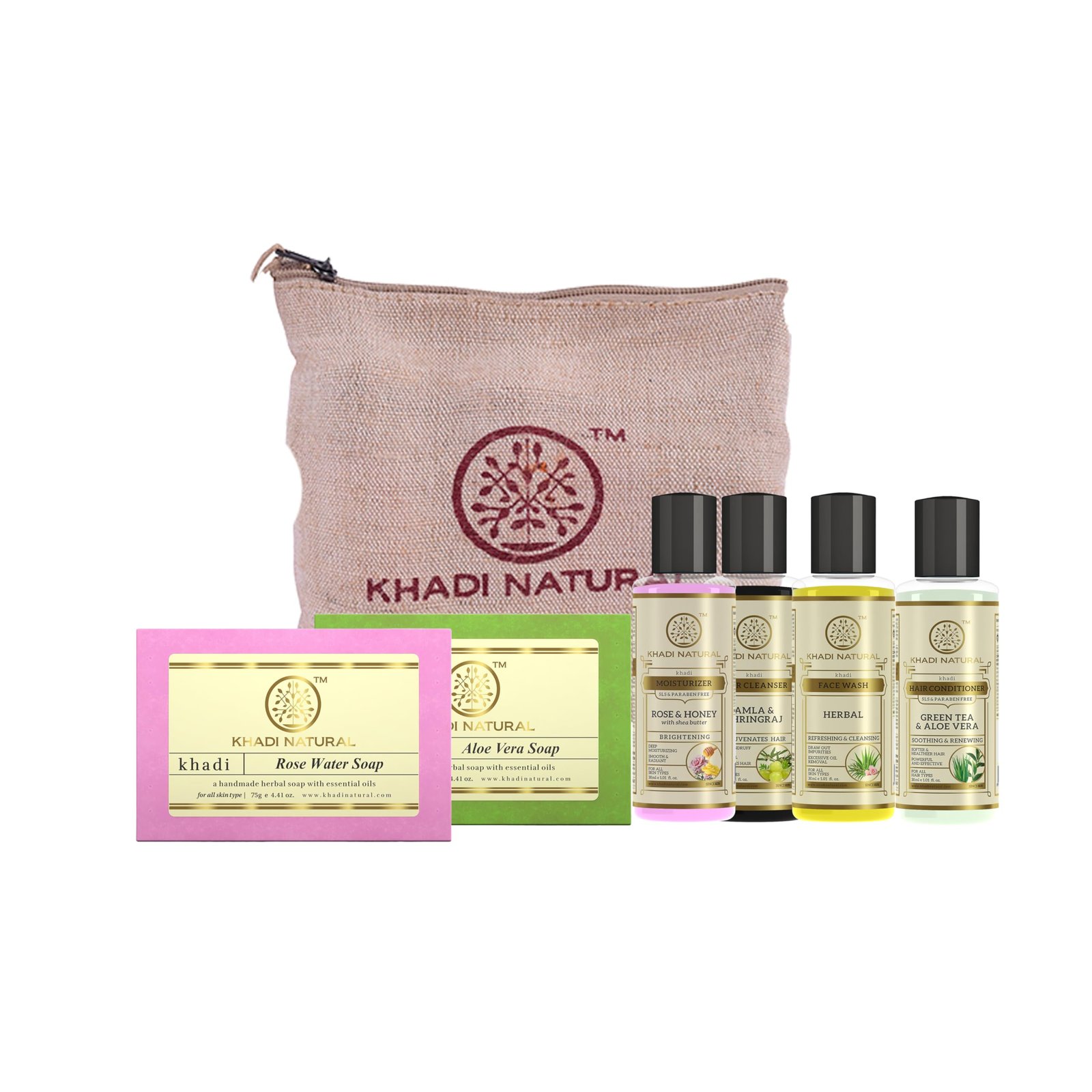 Khadi Natural Herbal Travel Kit | Personal Care Travel Set with Shampoo, Conditioner, Body Wash, Soap & Moisturiser | Convenient Travel Friendly Kit | Suitable for Men & Women | All Skin & Hair T