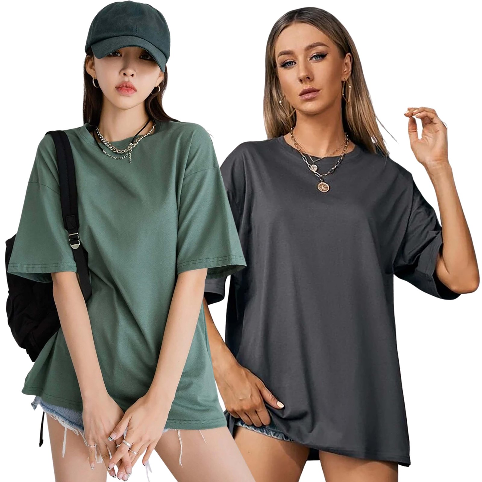 London Hills Women’s Cotton Loose Casual Round Neck Solid, Drop Shoulder T-Shirt Pack of 2