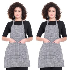 GLUN® Kitchen Cooking Aprons, Small White Checkered Design Pack of 2, Adjustable Neck Strap Chef Apron with 2 Pockets for Men & Women