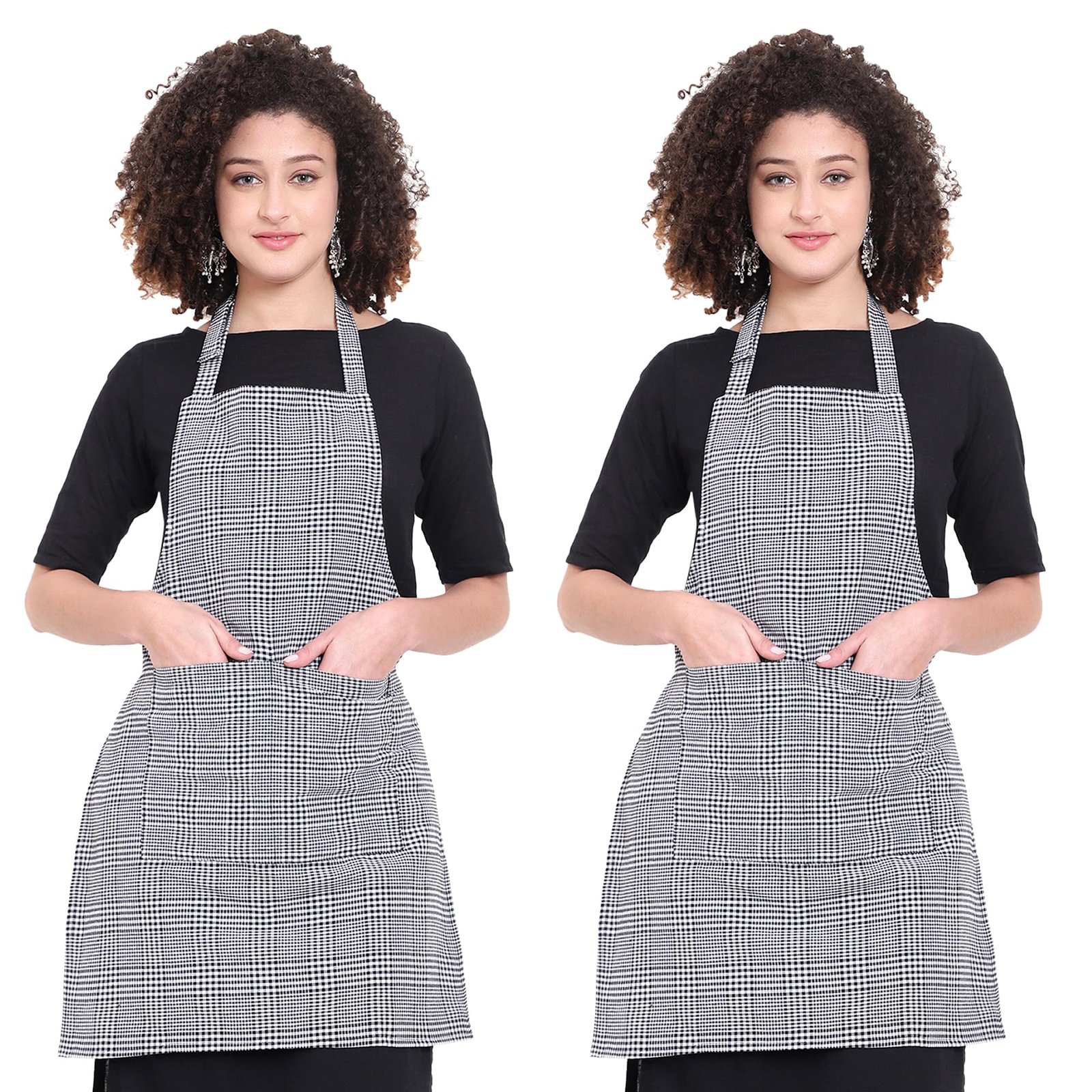GLUN® Kitchen Cooking Aprons, Small White Checkered Design Pack of 2, Adjustable Neck Strap Chef Apron with 2 Pockets for Men & Women