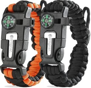 Paracord Survival Bracelet (2 Pack) Fire Starter, Whistle, Compass