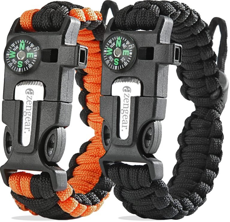 Paracord Survival Bracelet (2 Pack) Fire Starter, Whistle, Compass