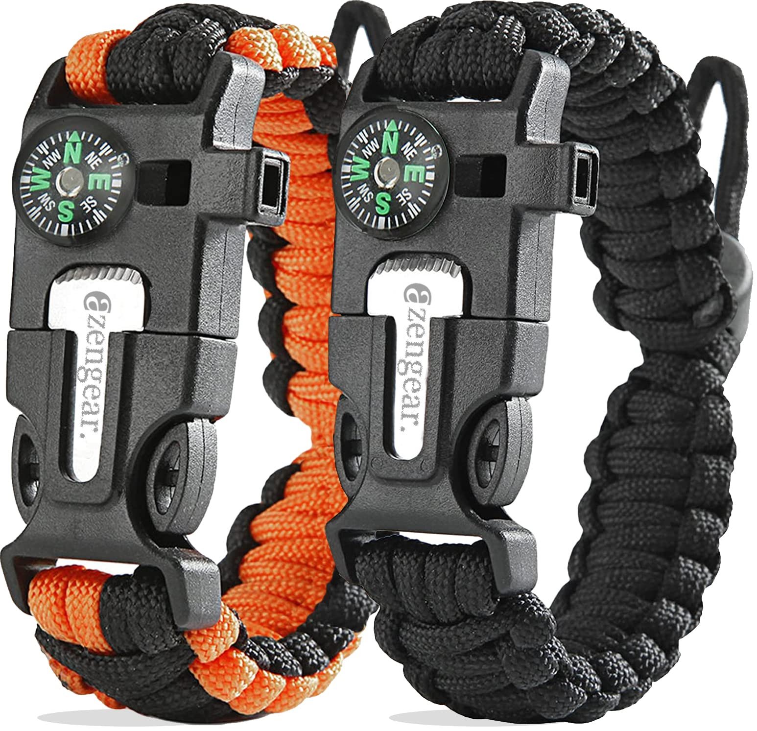 Paracord Survival Bracelet (2 Pack) Fire Starter, Whistle, Compass