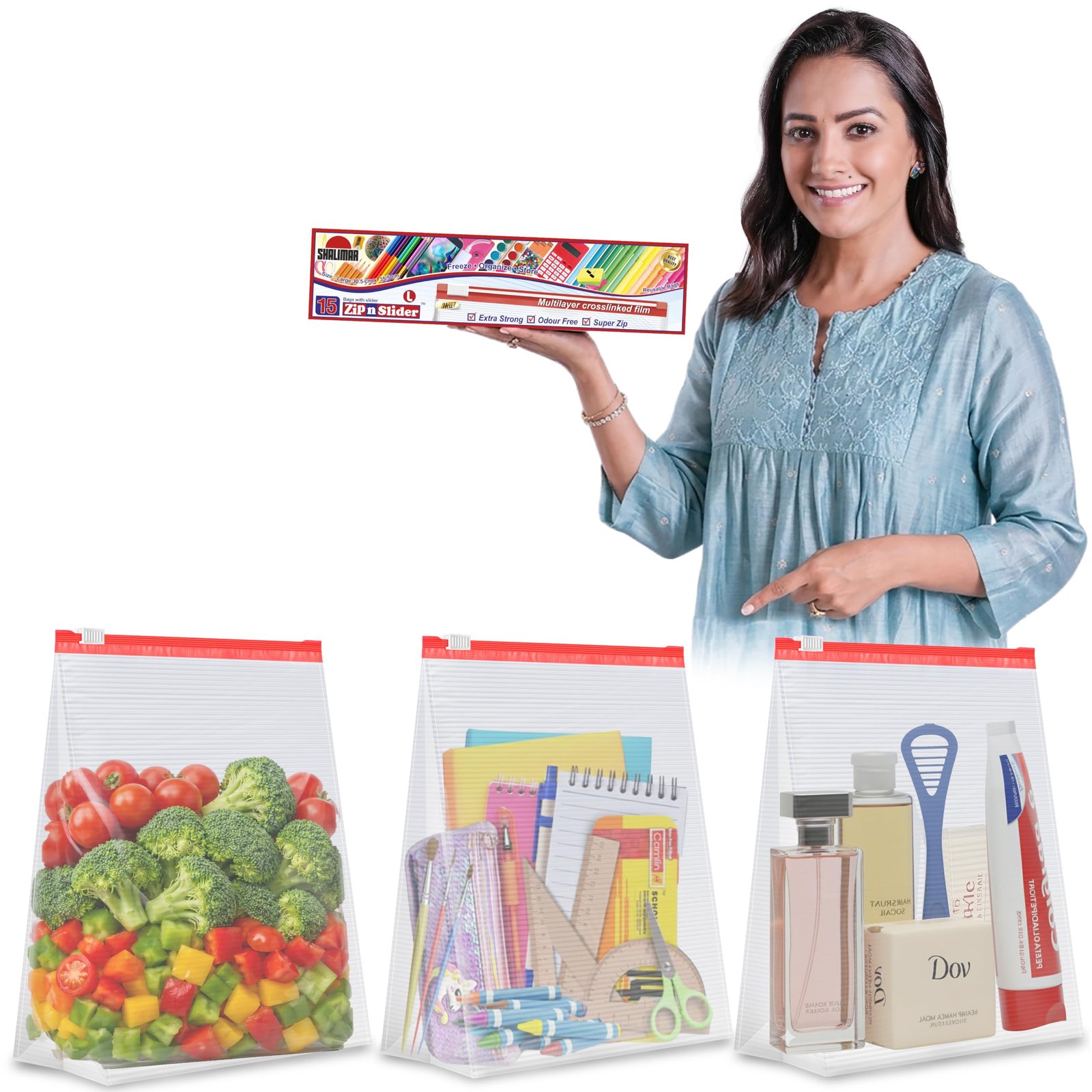 Shalimar Zip ‘N’ Slider Bags | Large (30.5 cm X 35.5 cm) | Pack of 30 Bags | Ziplock/Multi-Purpose Storage Bag | Reusable & Reclosable with Slider Lock | Color – Natural