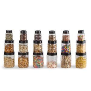 CELLO Checkers Kitchen Storage Container Box Set of 18 Pcs Grey (6x300ml, 6x650ml, 6x1200ml) | Transparent Unbreakable Fridge Safe Stackable Airtight Storage Canister Set For Spices Dry Fruits Grains