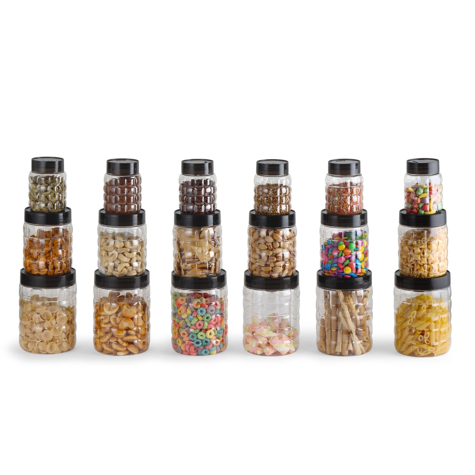 CELLO Checkers Kitchen Storage Container Box Set of 18 Pcs Grey (6x300ml, 6x650ml, 6x1200ml) | Transparent Unbreakable Fridge Safe Stackable Airtight Storage Canister Set For Spices Dry Fruits Grains