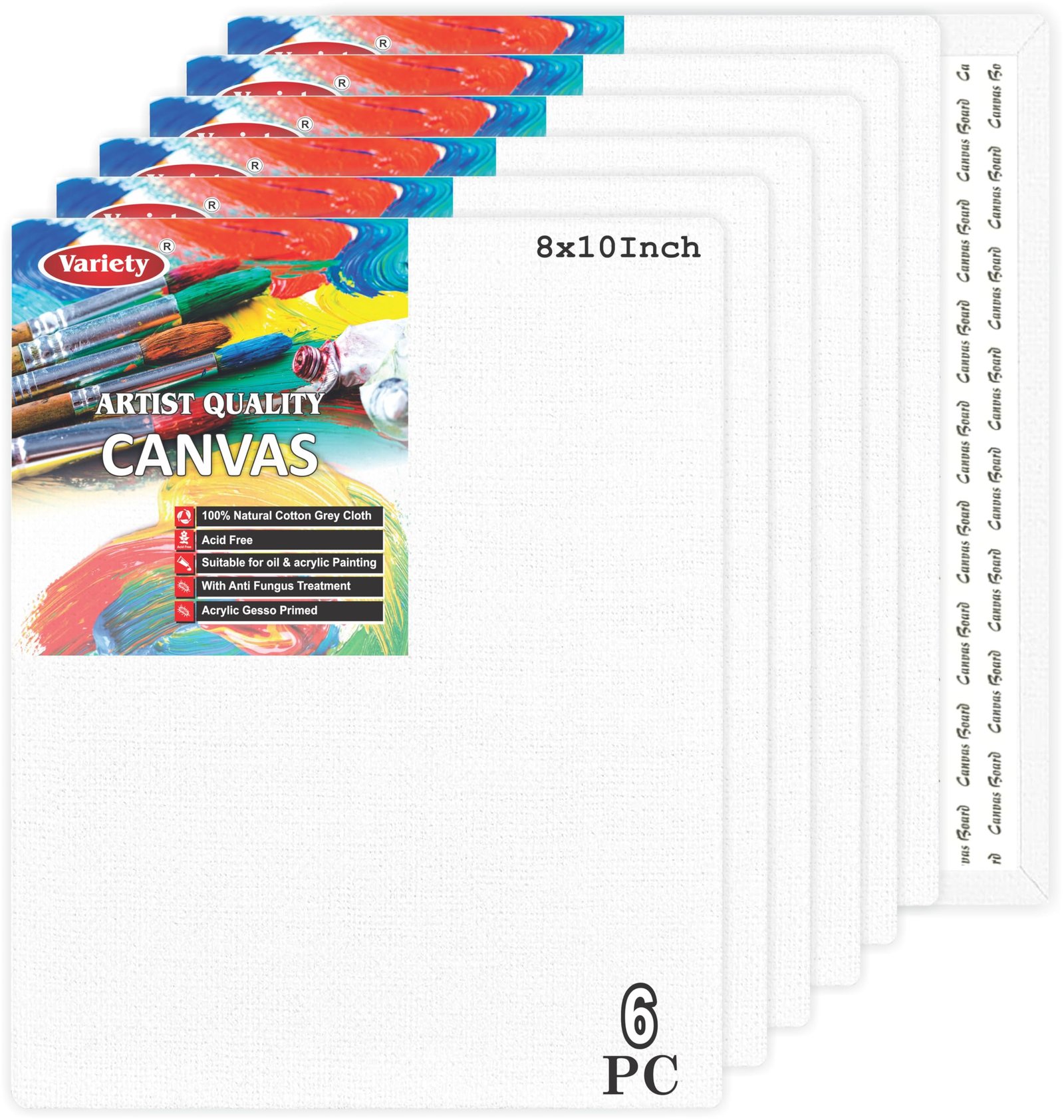 VARIETY CANVAS 8 X 10 Inch Cotton Canvas Board for Painting, Pack of 6 Piece – White