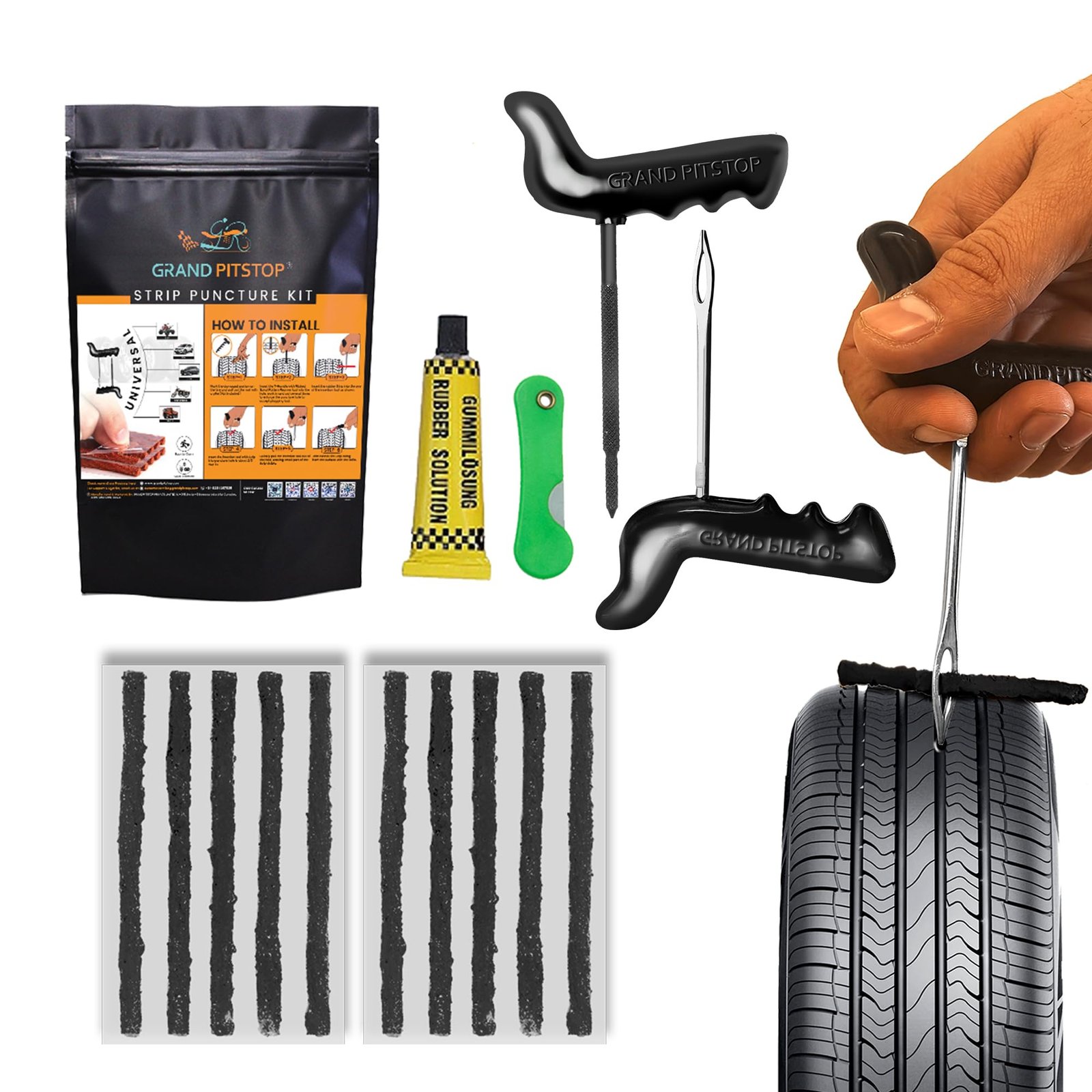 GRAND PITSTOP Universal Tubeless Tyre Puncture Kit |Strip-Based (Pack of 10 pcs) | Flat Tyre Repair Tool for Cars, Bikes, Trucks, Autos | Easy to Use | Emergency Tire Kit for On-The-Go Repairs