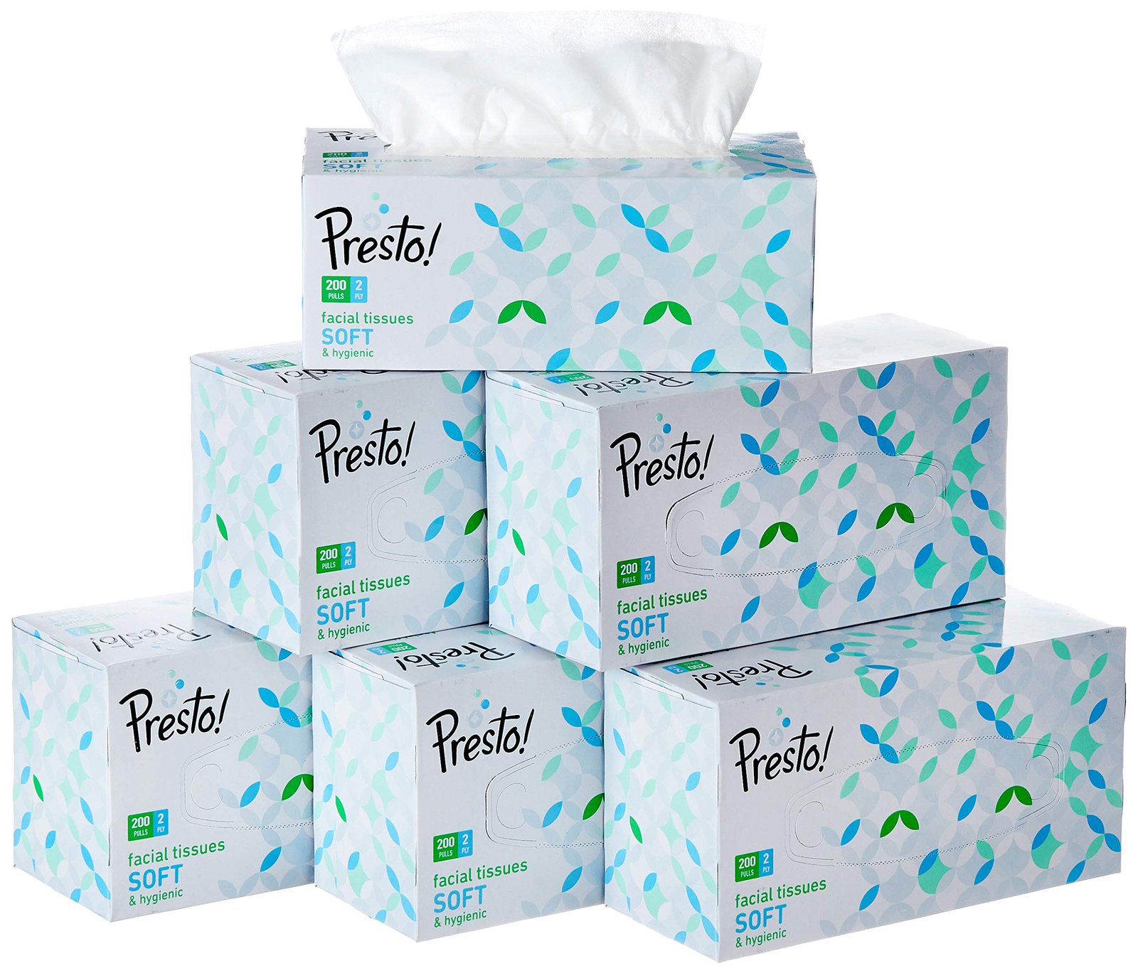 Amazon Brand – Presto! 2 Ply Facial Tissue Box | 1200 Pulls | 200 Pulls X 6 Cartons | Soft And Highly Absorbent | 100% Natural Virgin Cellulose Fiber