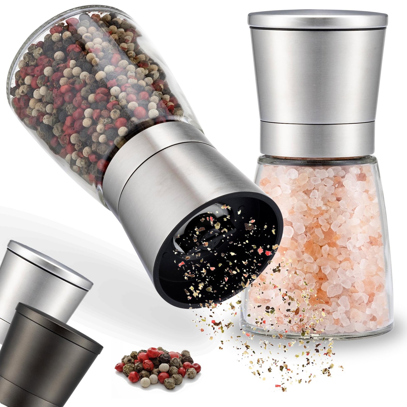 Spice Mill Set of 2 with Adjustable Ceramic Grinder – Stainless Steel Pepper Mill, Salt Mill