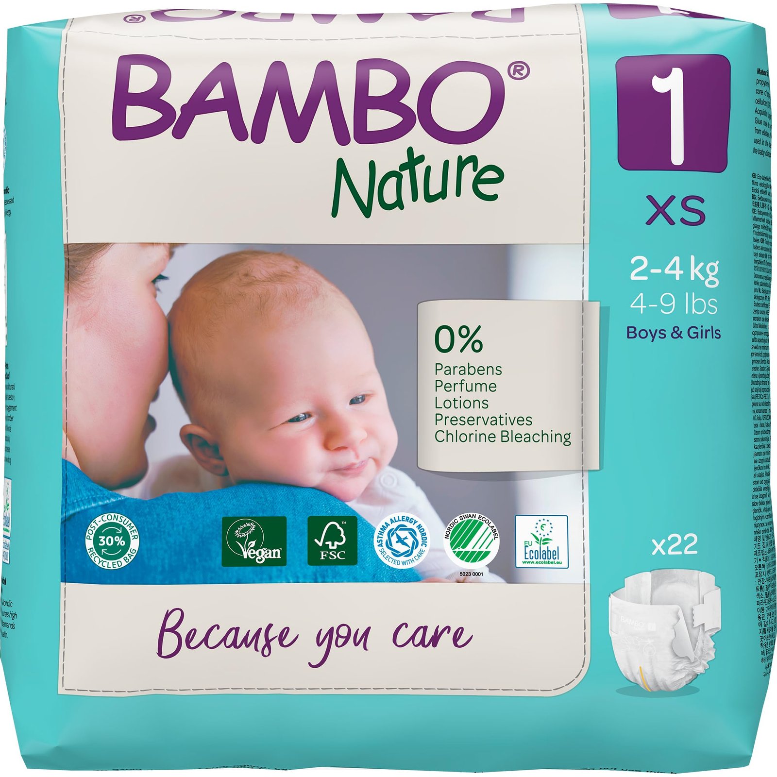 Bambo Nature Premium Baby Tape Diapers for New Born Baby XS Size (2-4 Kgs) – Super Absorbent, Breathable, Extra Soft, Dermatologically Tested, Hypoallergenic Nappies With A Wetness Indicator, 22 Count
