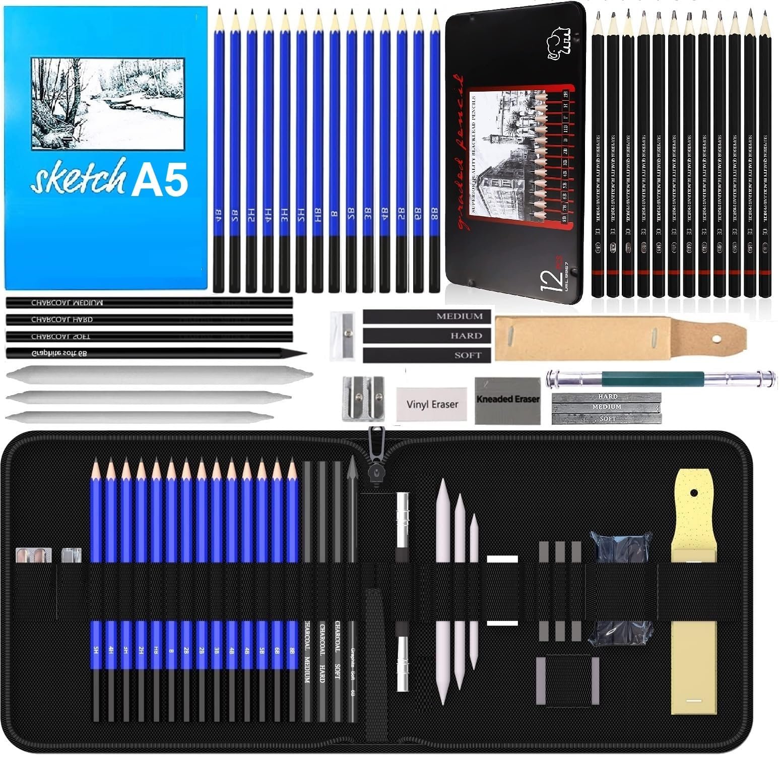 Corslet 47 Pieces Pencil Kit Professional Graphite Charcoal Sketch Kit Drawing Pencils and Sketching Kit for Artist Painting Shading Sketch Book with Zipper Carry Bag Drawing Kit