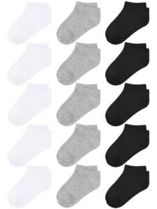 Cooraby 15 Pack Kids’ Half Cushion Low Cut Athletic Ankle Socks Boys Girls Ankle Socks