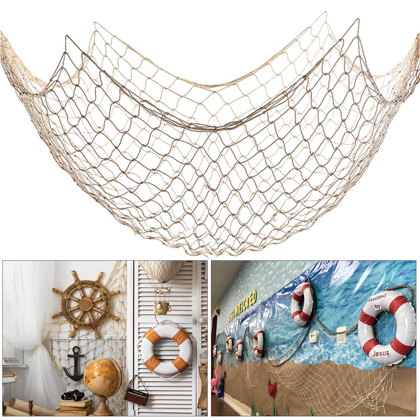 Fish Net Decorations for Party, 2mm Natural Cotton Hawaiian Party Fish Net Decorative, Nautical Themed Cotton Fishnet Room Under The Sea Ocean Beach Party Decor (1)