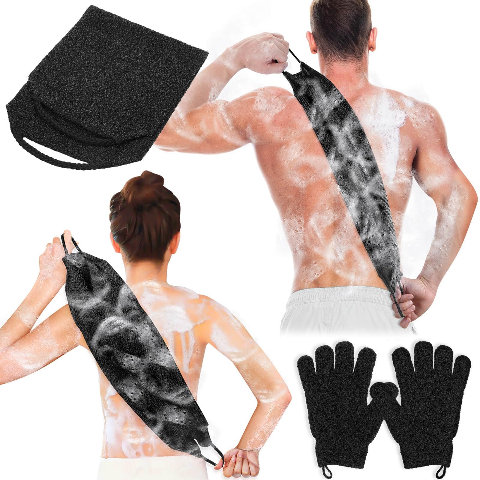 anezus Exfoliating Back Scrubber Bath Gloves Set, Exfoliating Shower Towel with Shower Gloves for Body Scrub, Back Cleaner Wash Gloves to Remove Dead Skin (Black)