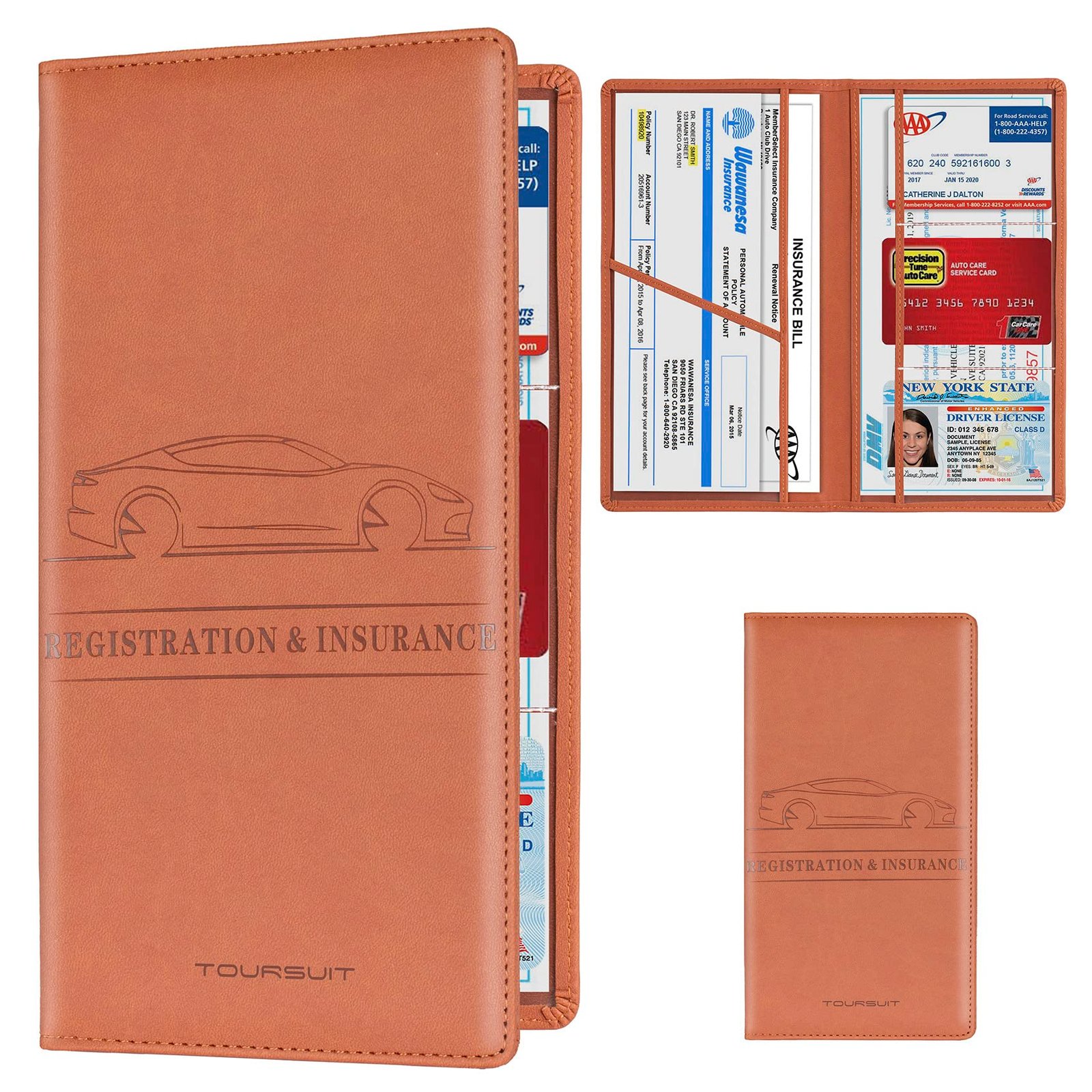 TOURSUIT Faux Leather Automobiles Car Registration and Insurance Card Holder, Vehicle License Document Glove Box Compartment Organizer, Interior Car Accessories for Women Men Teens (Brown)