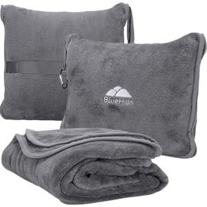 BlueHills Premium Soft Travel Blanket Pillow Airplane Flight Blanket throw in Soft Bag Pillow case with Hand Luggage Belt and Backpack Clip Compact Pack Large Blanket for Travel Grey Color (Gray T007)