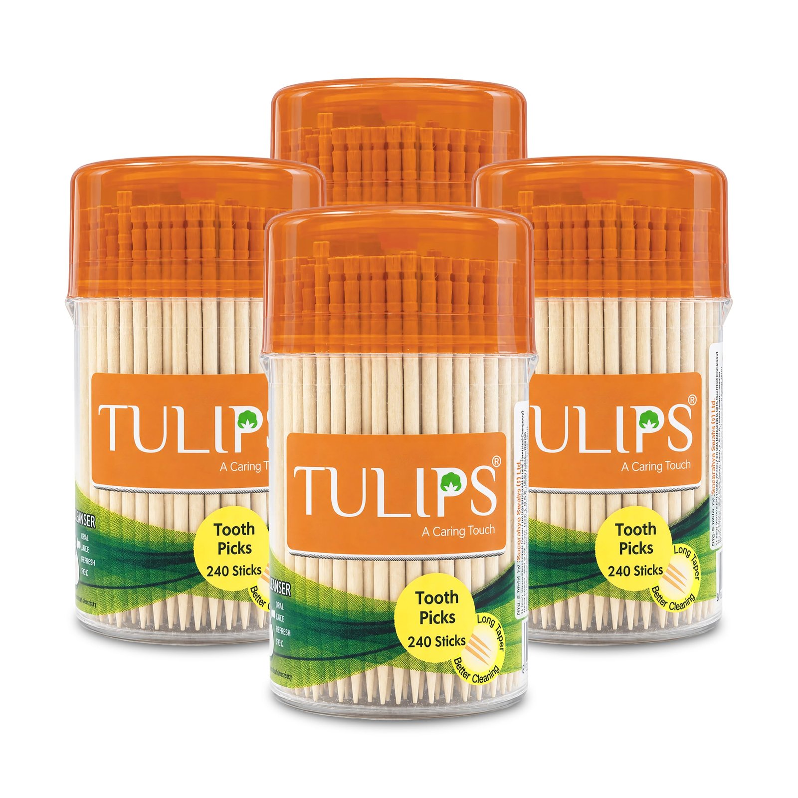 Tulips Wooden Toothpicks 240 Sticks in a Reusable Jar (Pack of 4)