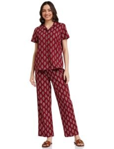 Amazon Brand – Myx Women Cotton Shirt and Relaxed Pajama Set | Night Suit Set (Available in Plus Sizes)