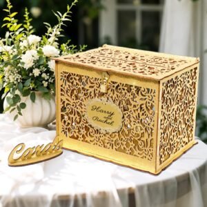 OurWarm Glittery Gold Card Box with Lock, Wood Gift Card Box Holder Money Box Reception Baby Shower Birthday Party, Open House Celebration or Graduation Party Decorations