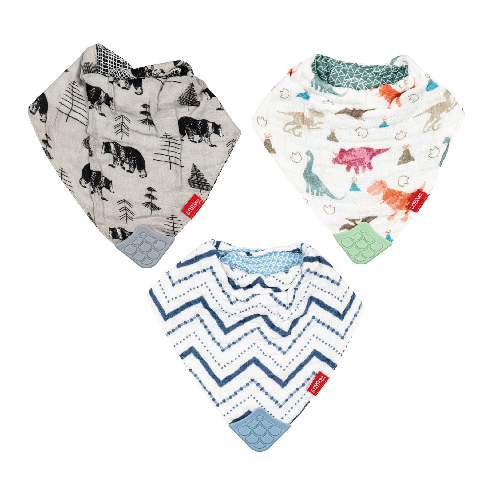 Nuby Reversible 100% Natural Cotton Muslin 3 Piece Dinosaur/Bear/Stripes Teething Bib, Green/Grey/Blue