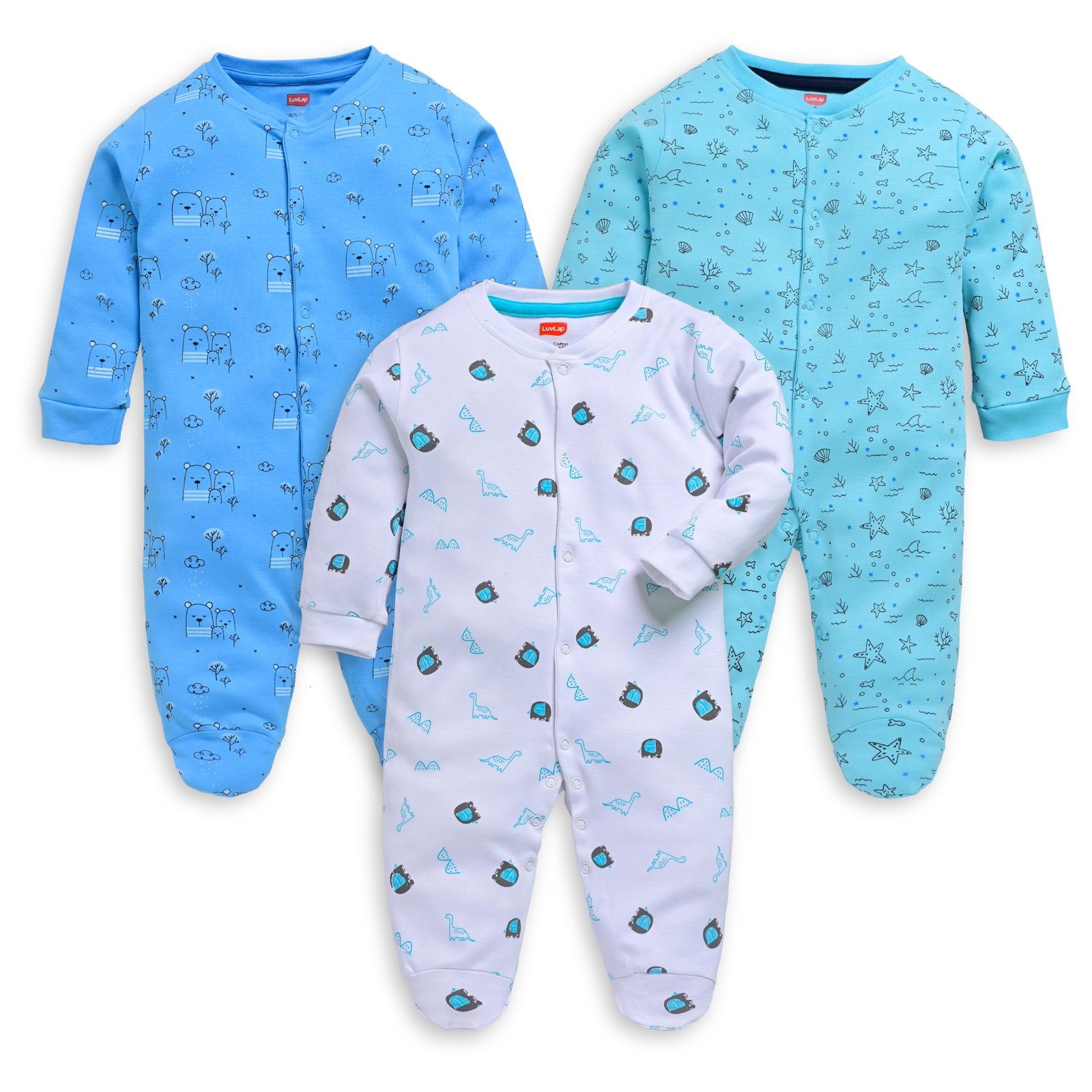 LuvLap Baby Boys & Girls 100% Cotton Full Sleeve Romper/Bodysuit Pack of 3
